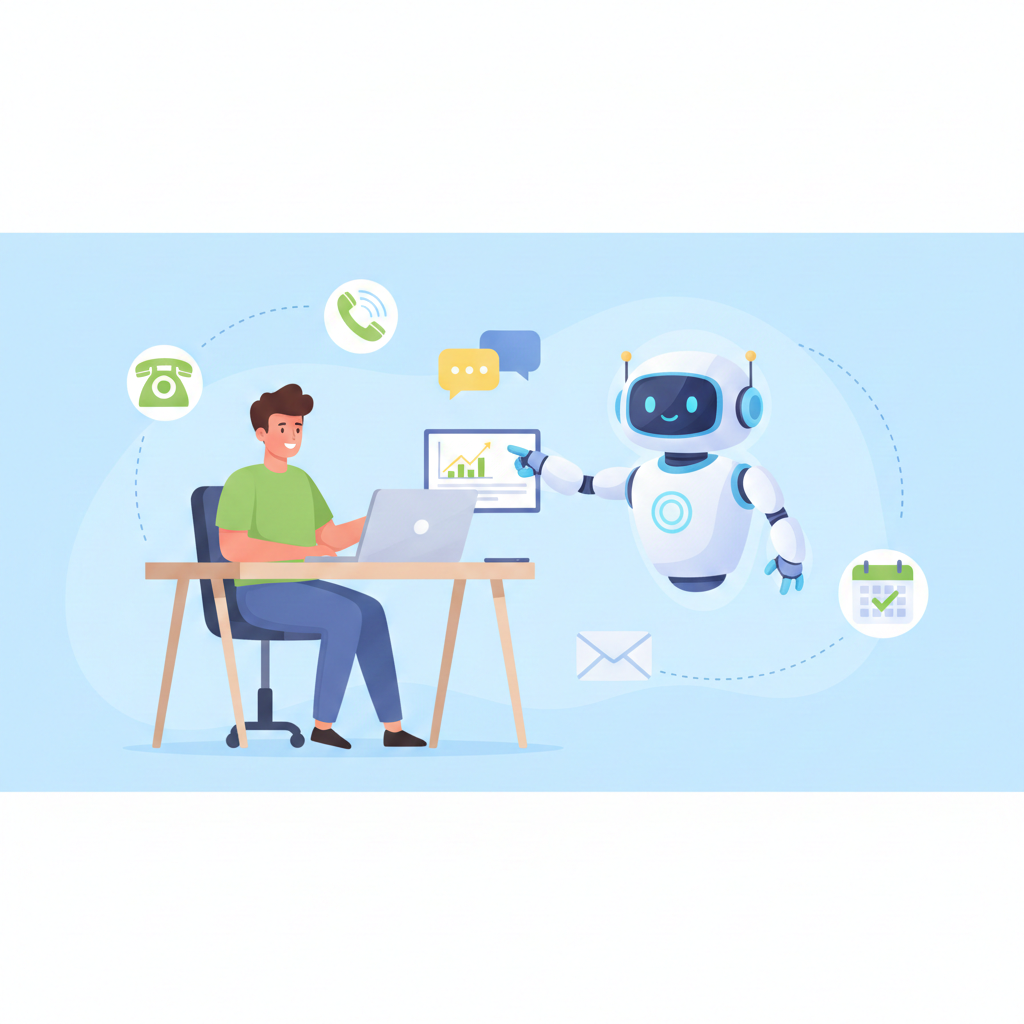 Illustration of AI tools connecting messages, calls, and schedules for a small business