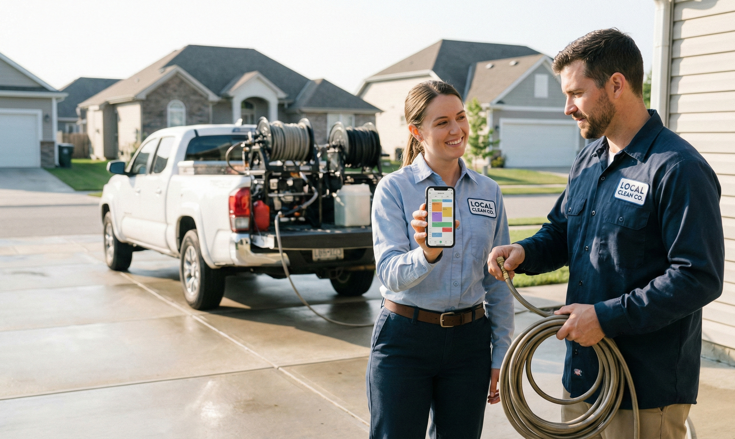 Local pressure washing crew checking a digital schedule beside a truck and surface cleaner