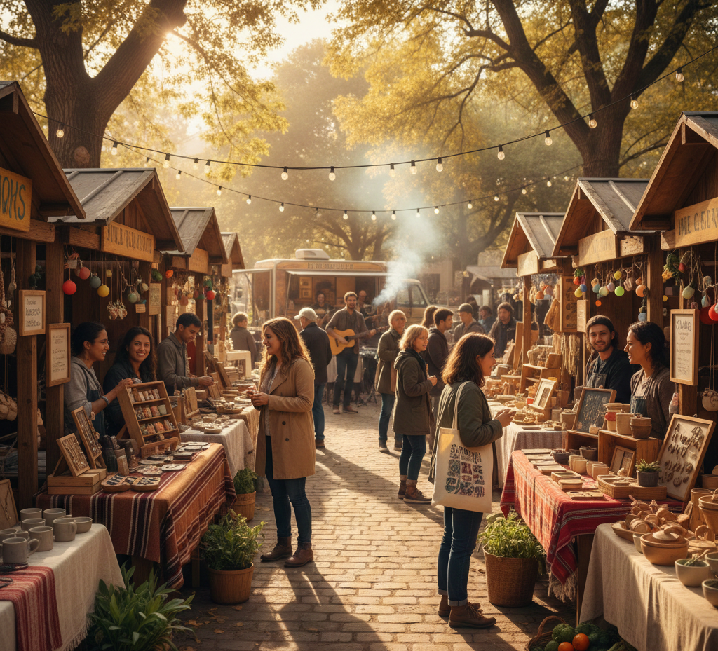 Local market vendors selling handmade goods at small booths