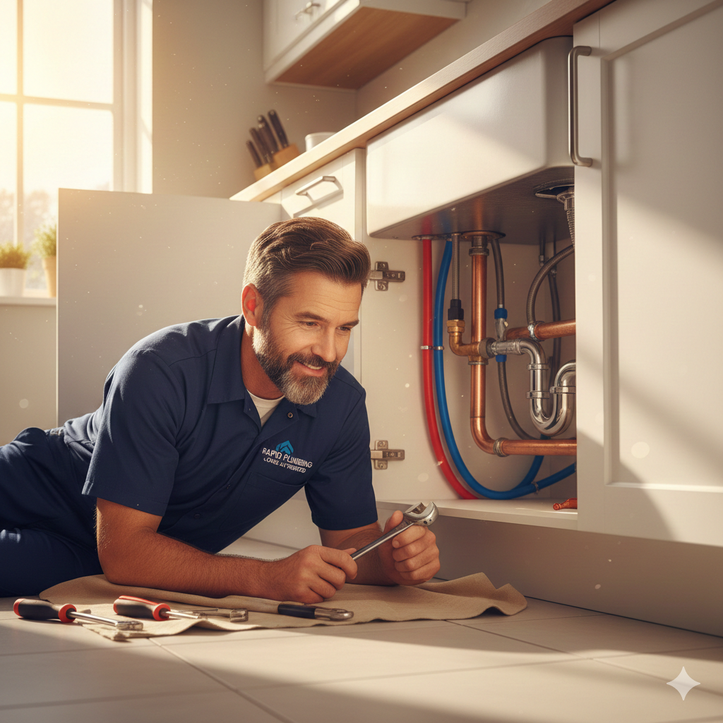 Plumber working on residential pipes in a home
